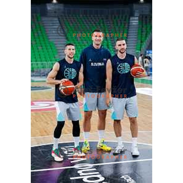 Aleksej Nikolic, Alen Omic and Rok Radovic during practice session of Slovenia Men’s Basketball team in Arena Stozice, Ljubljana, Slovenia on July 31, 2025