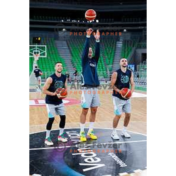Aleksej Nikolic, Alen Omic and Rok Radovic during practice session of Slovenia Men’s Basketball team in Arena Stozice, Ljubljana, Slovenia on July 31, 2025