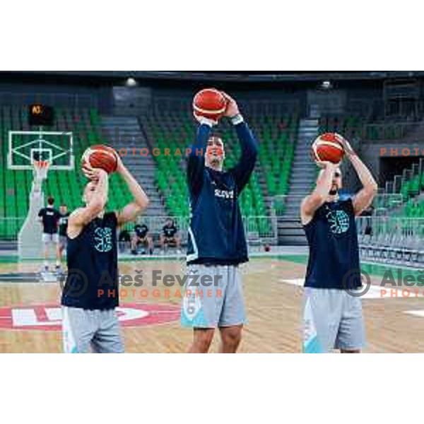 Aleksej Nikolic, Alen Omic and Rok Radovic during practice session of Slovenia Men’s Basketball team in Arena Stozice, Ljubljana, Slovenia on July 31, 2025
