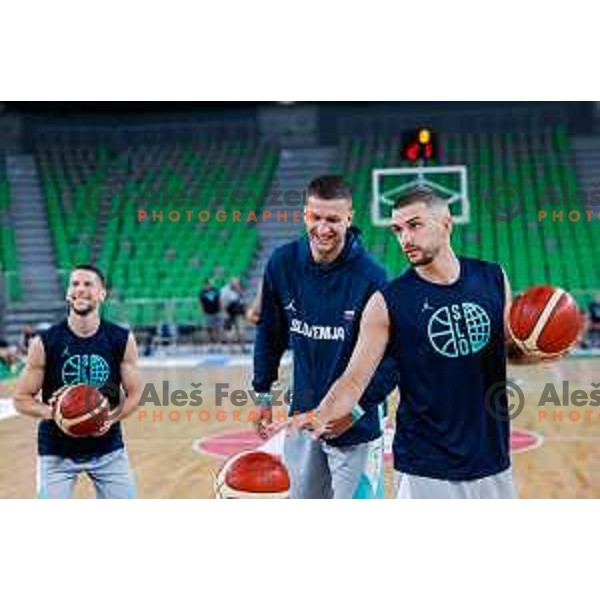 Aleksej Nikolic, Alen Omic and Rok Radovic during practice session of Slovenia Men’s Basketball team in Arena Stozice, Ljubljana, Slovenia on July 31, 2025