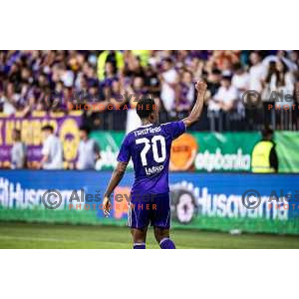 Isaac Tshipamba celebrates goal during UEFA Conference League 2025/26 qualifier football match between NK Maribor and Paksi FC in Ljudski vrt, Maribor, Slovenia on July 31, 2025. Photo: Jure Banfi
