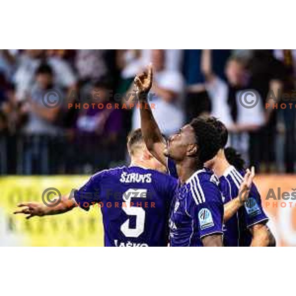 Isaac Tshipamba celebrates goal during UEFA Conference League 2025/26 qualifier football match between NK Maribor and Paksi FC in Ljudski vrt, Maribor, Slovenia on July 31, 2025. Photo: Jure Banfi