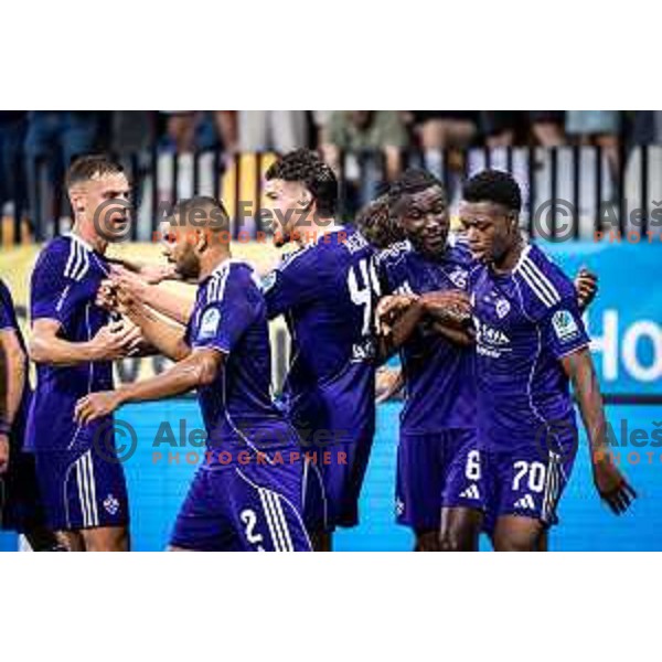 Isaac Tshipamba, Omar Rekik celebrate goal during UEFA Conference League 2025/26 qualifier football match between NK Maribor and Paksi FC in Ljudski vrt, Maribor, Slovenia on July 31, 2025. Photo: Jure Banfi