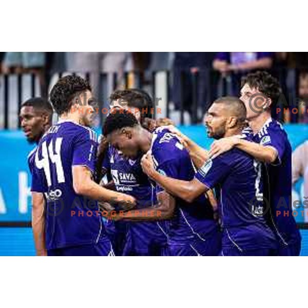 Isaac Tshipamba and Hilal Soudani celebrate goal during UEFA Conference League 2025/26 qualifier football match between NK Maribor and Paksi FC in Ljudski vrt, Maribor, Slovenia on July 31, 2025. Photo: Jure Banfi