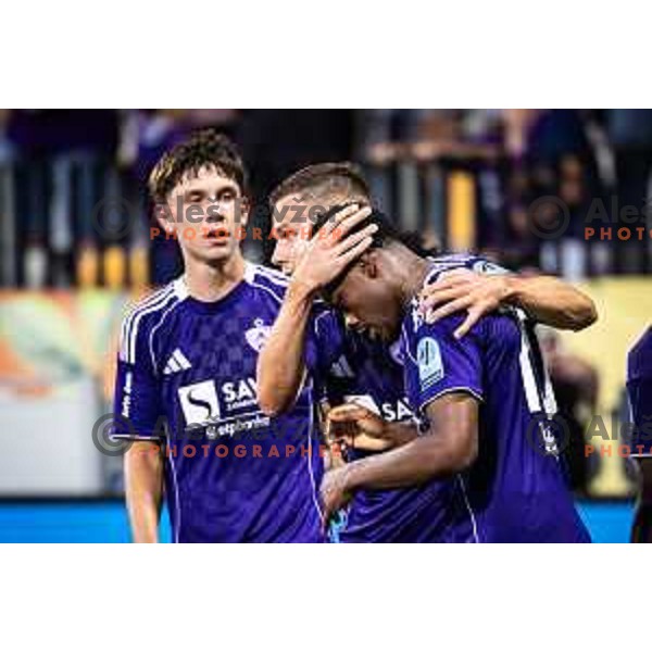 Isaac Tshipamba celebrates goal during UEFA Conference League 2025/26 qualifier football match between NK Maribor and Paksi FC in Ljudski vrt, Maribor, Slovenia on July 31, 2025. Photo: Jure Banfi