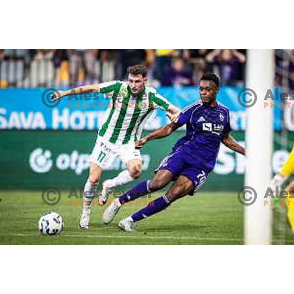 Kristof Hinora vs Isaac Tshipamba in action during UEFA Conference League 2025/26 qualifier football match between NK Maribor and Paksi FC in Ljudski vrt, Maribor, Slovenia on July 31, 2025. Photo: Jure Banfi