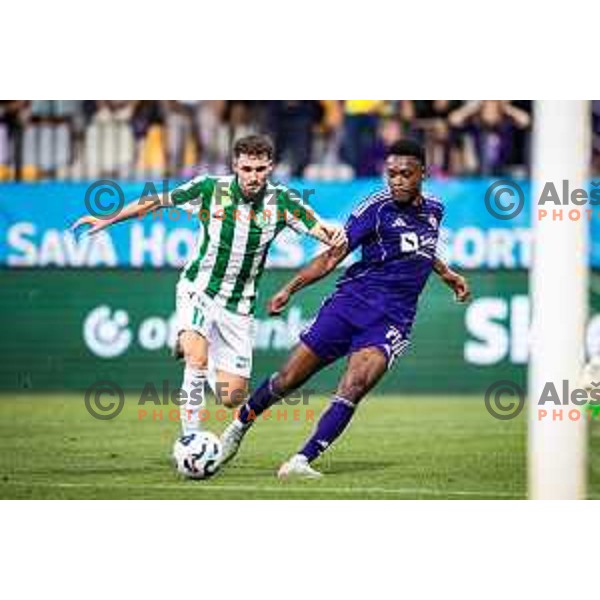 Kristof Hinora vs Isaac Tshipamba in action during UEFA Conference League 2025/26 qualifier football match between NK Maribor and Paksi FC in Ljudski vrt, Maribor, Slovenia on July 31, 2025. Photo: Jure Banfi