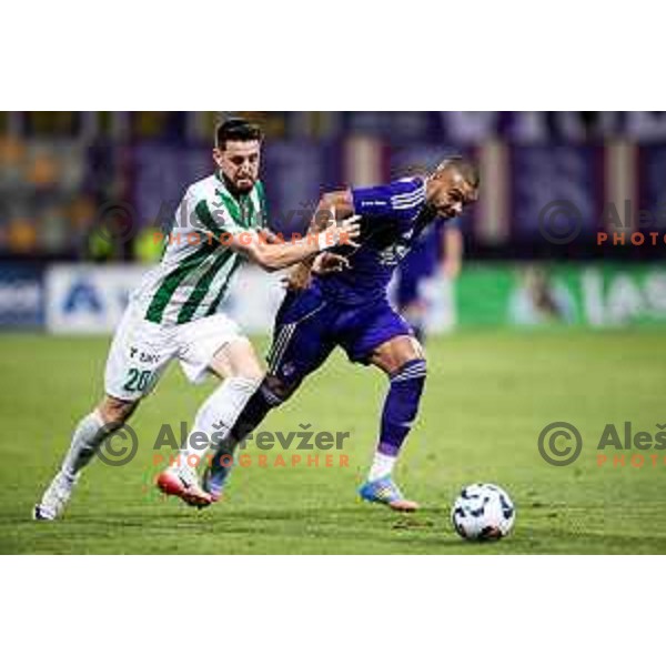 Mario Zeke vs Hilal Soudani in action during UEFA Conference League 2025/26 qualifier football match between NK Maribor and Paksi FC in Ljudski vrt, Maribor, Slovenia on July 31, 2025. Photo: Jure Banfi