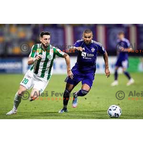 Mario Zeke vs Hilal Soudani in action during UEFA Conference League 2025/26 qualifier football match between NK Maribor and Paksi FC in Ljudski vrt, Maribor, Slovenia on July 31, 2025. Photo: Jure Banfi