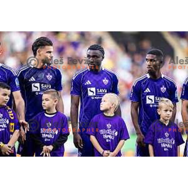 Omar Rekik, Bradley M\'Bondo and Malamine Bamba in action during UEFA Conference League 2025/26 qualifier football match between NK Maribor and Paksi FC in Ljudski vrt, Maribor, Slovenia on July 31, 2025. Photo: Jure Banfi