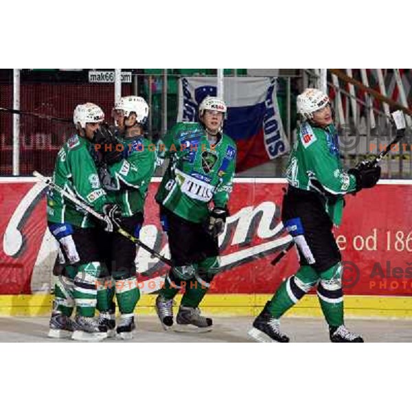Intranuovo, Mitchell, Niinimaki , Pavlin celebrate second goal for Tilia Olimpija at ice-hockey game Tilia Olimpija-TWK Innsbruck in EBEL league, played in Hala Tivoli, Ljubljana, Slovenia 24.10.2008. 