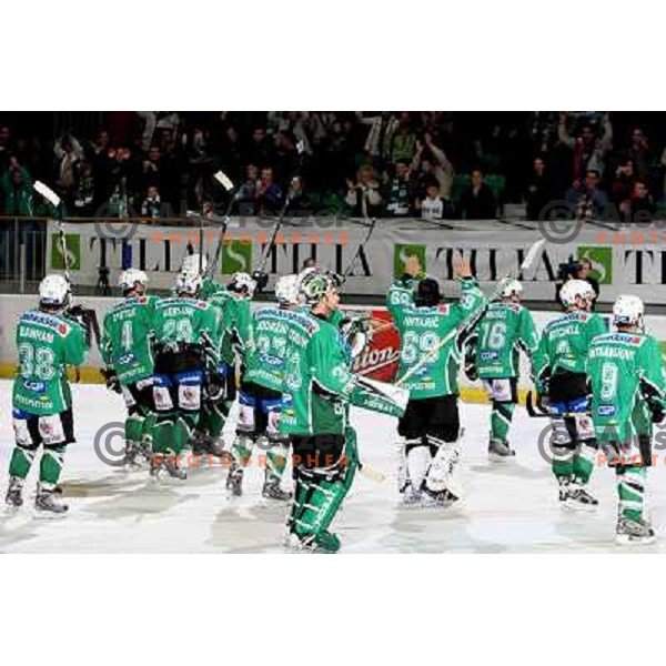 Salute to fans at ice-hockey game Tilia Olimpija- TWK Innsbruck in EBEL league, played in Hala Tivoli, Ljubljana, Slovenia 24.10.2008. Tilia Olimpija won the game 4:2 