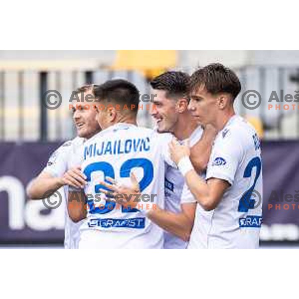 Nik Omladic, Veljko Mijailovic, Deni Juric and Andraz Ruedl celebrate goal during Prva liga Telemach 2025/26 football match between NK Maribor and NK Koper in Ljudski vrt, Maribor, Slovenia on August 3, 2025. Photo: Jure Banfi