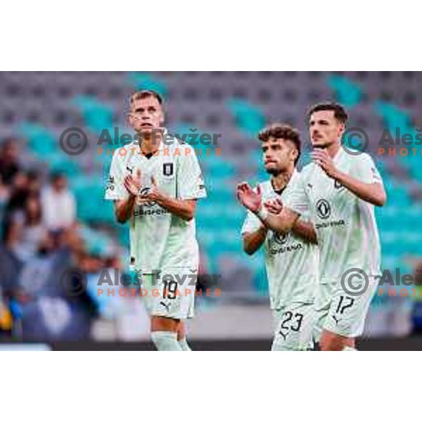 of Olimpija in action during Prva liga Telemach 2025/2026 football match between Olimpija and Celje in SRC Stozice, Ljubljana, Slovenia on August 3, 2025