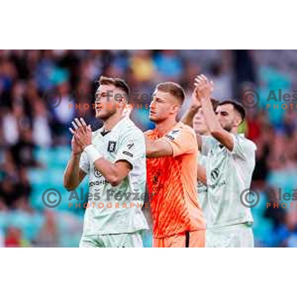of Olimpija in action during Prva liga Telemach 2025/2026 football match between Olimpija and Celje in SRC Stozice, Ljubljana, Slovenia on August 3, 2025