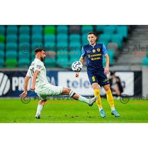 of Olimpija in action during Prva liga Telemach 2025/2026 football match between Olimpija and Celje in SRC Stozice, Ljubljana, Slovenia on August 3, 2025