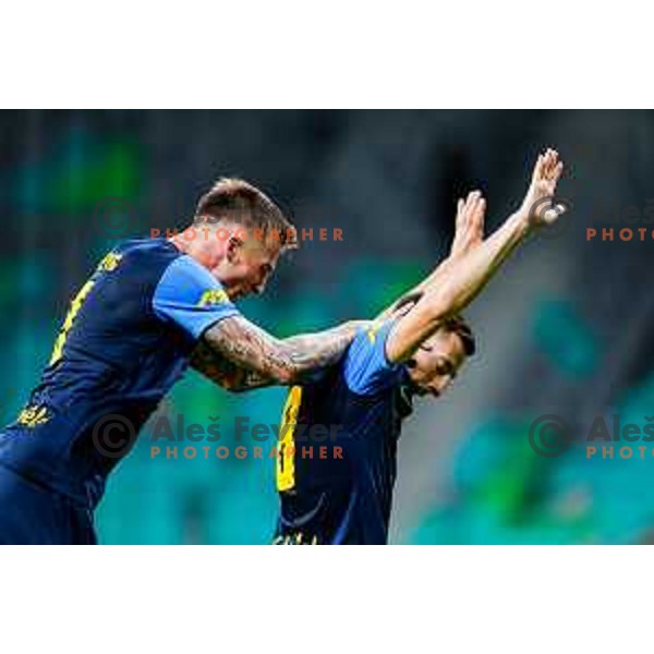 Franko Kovacevic and Mario Kvesic celebrate a goal during Prva liga Telemach 2025/2026 football match between Olimpija and Celje in SRC Stozice, Ljubljana, Slovenia on August 3, 2025
