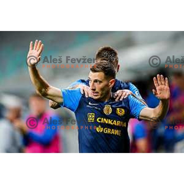 Franko Kovacevic and Mario Kvesic celebrate a goal during Prva liga Telemach 2025/2026 football match between Olimpija and Celje in SRC Stozice, Ljubljana, Slovenia on August 3, 2025