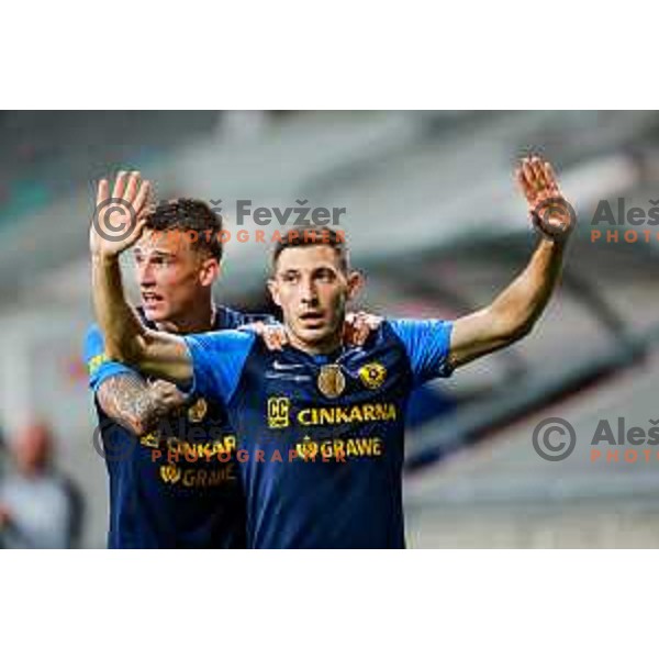 Franko Kovacevic and Mario Kvesic celebrate a goal during Prva liga Telemach 2025/2026 football match between Olimpija and Celje in SRC Stozice, Ljubljana, Slovenia on August 3, 2025