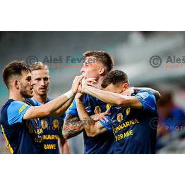 Franko Kovacevic and Mario Kvesic celebrate a goal during Prva liga Telemach 2025/2026 football match between Olimpija and Celje in SRC Stozice, Ljubljana, Slovenia on August 3, 2025