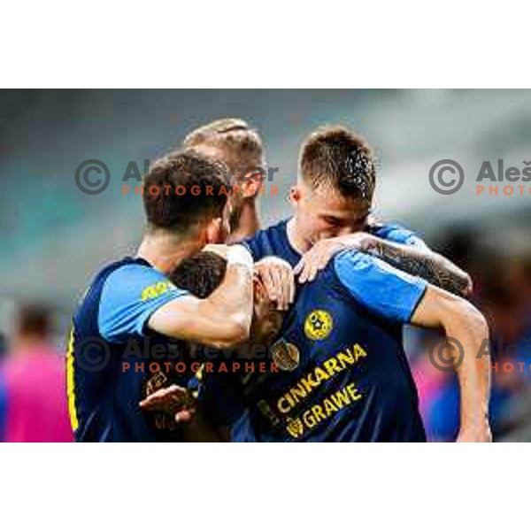 Franko Kovacevic and Mario Kvesic celebrate a goal during Prva liga Telemach 2025/2026 football match between Olimpija and Celje in SRC Stozice, Ljubljana, Slovenia on August 3, 2025