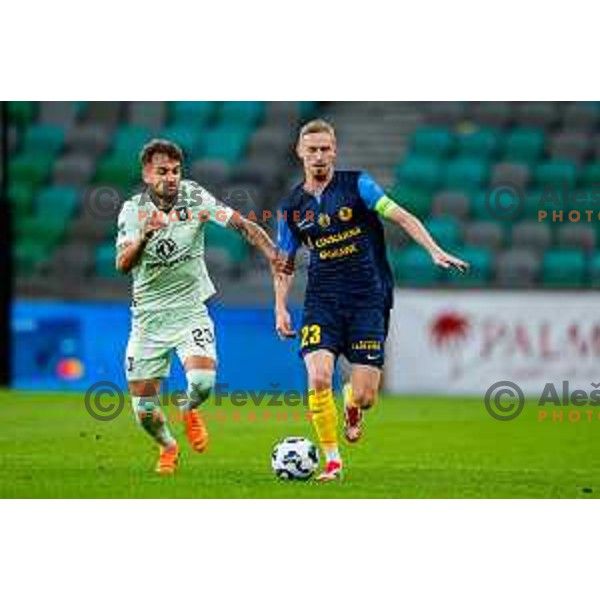Diogo Pinto and Zan Karnicnik in action during Prva liga Telemach 2025/2026 football match between Olimpija and Celje in SRC Stozice, Ljubljana, Slovenia on August 3, 2025