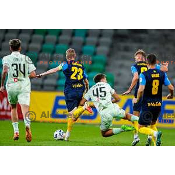 of Olimpija in action during Prva liga Telemach 2025/2026 football match between Olimpija and Celje in SRC Stozice, Ljubljana, Slovenia on August 3, 2025