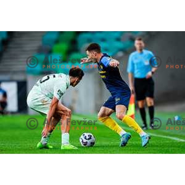 of Olimpija in action during Prva liga Telemach 2025/2026 football match between Olimpija and Celje in SRC Stozice, Ljubljana, Slovenia on August 3, 2025