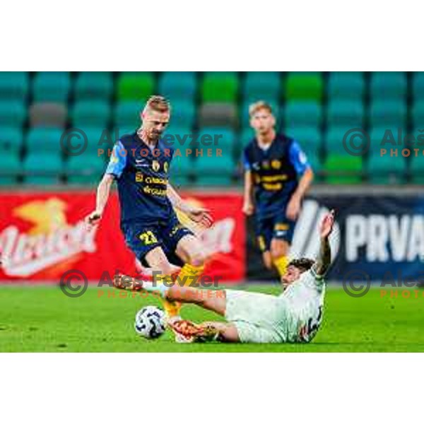 of Olimpija in action during Prva liga Telemach 2025/2026 football match between Olimpija and Celje in SRC Stozice, Ljubljana, Slovenia on August 3, 2025