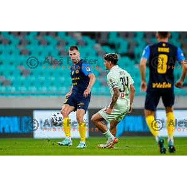 of Olimpija in action during Prva liga Telemach 2025/2026 football match between Olimpija and Celje in SRC Stozice, Ljubljana, Slovenia on August 3, 2025