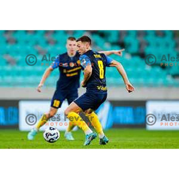 of Olimpija in action during Prva liga Telemach 2025/2026 football match between Olimpija and Celje in SRC Stozice, Ljubljana, Slovenia on August 3, 2025