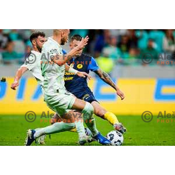 of Olimpija in action during Prva liga Telemach 2025/2026 football match between Olimpija and Celje in SRC Stozice, Ljubljana, Slovenia on August 3, 2025