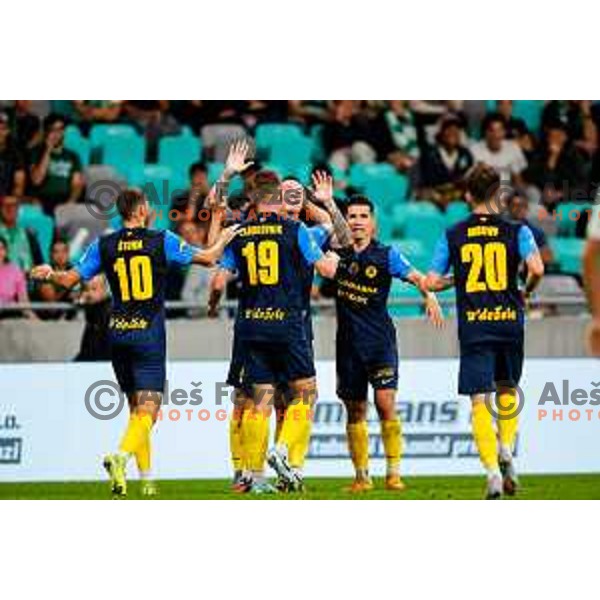 Franko Kovacevic and players of Celje celebrate a goal during Prva liga Telemach 2025/2026 football match between Olimpija and Celje in SRC Stozice, Ljubljana, Slovenia on August 3, 2025