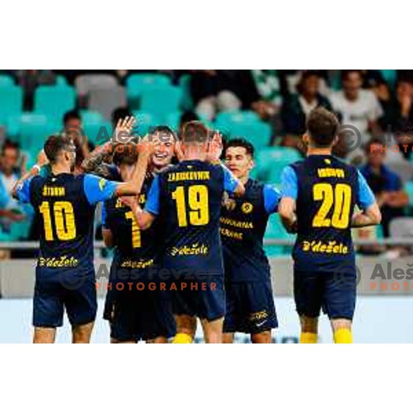 Franko Kovacevic and players of Celje celebrate a goal during Prva liga Telemach 2025/2026 football match between Olimpija and Celje in SRC Stozice, Ljubljana, Slovenia on August 3, 2025