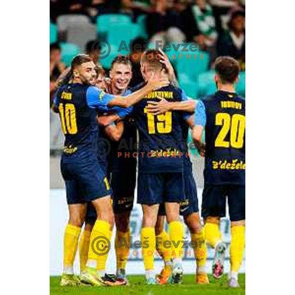Franko Kovacevic and players of Celje celebrate a goal during Prva liga Telemach 2025/2026 football match between Olimpija and Celje in SRC Stozice, Ljubljana, Slovenia on August 3, 2025
