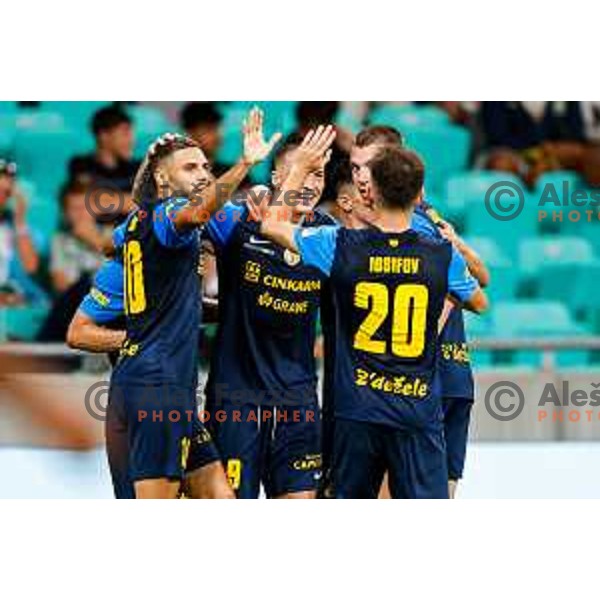 Franko Kovacevic and players of Celje celebrate a goal during Prva liga Telemach 2025/2026 football match between Olimpija and Celje in SRC Stozice, Ljubljana, Slovenia on August 3, 2025