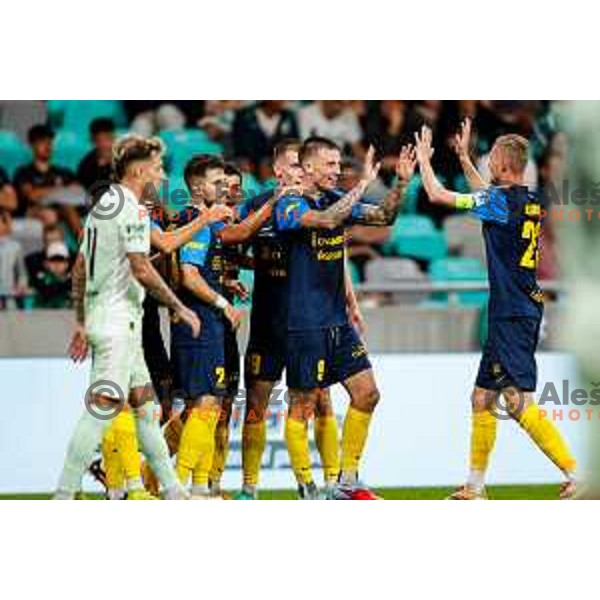 Franko Kovacevic and players of Celje celebrate a goal during Prva liga Telemach 2025/2026 football match between Olimpija and Celje in SRC Stozice, Ljubljana, Slovenia on August 3, 2025