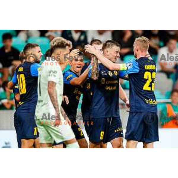 Franko Kovacevic and players of Celje celebrate a goal during Prva liga Telemach 2025/2026 football match between Olimpija and Celje in SRC Stozice, Ljubljana, Slovenia on August 3, 2025