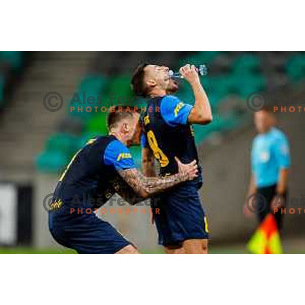 Franko Kovacevic and Mario Kvesic celebrate a goal during Prva liga Telemach 2025/2026 football match between Olimpija and Celje in SRC Stozice, Ljubljana, Slovenia on August 3, 2025