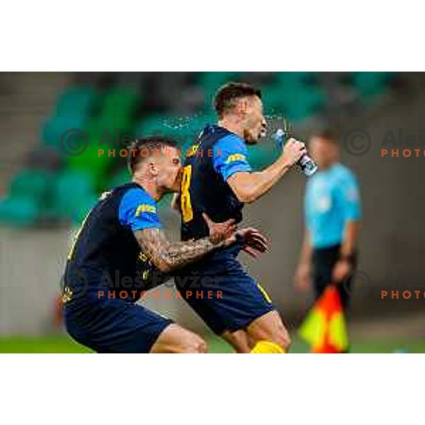 Franko Kovacevic and Mario Kvesic celebrate a goal during Prva liga Telemach 2025/2026 football match between Olimpija and Celje in SRC Stozice, Ljubljana, Slovenia on August 3, 2025
