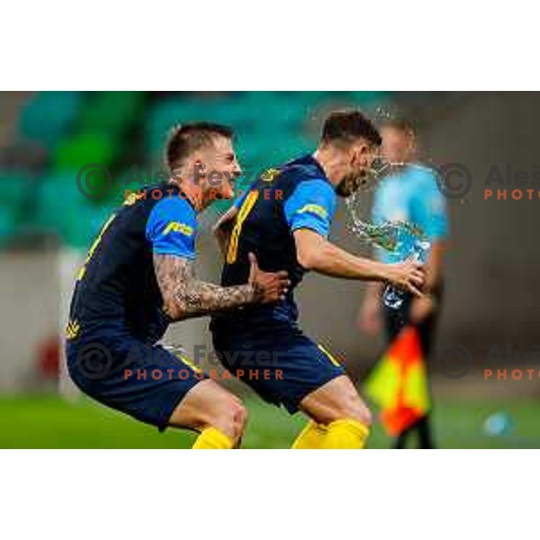 Franko Kovacevic and Mario Kvesic celebrate a goal during Prva liga Telemach 2025/2026 football match between Olimpija and Celje in SRC Stozice, Ljubljana, Slovenia on August 3, 2025