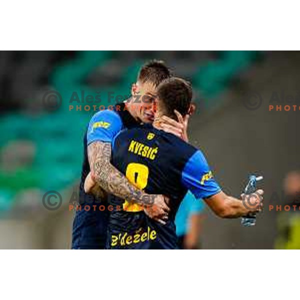 Franko Kovacevic and Mario Kvesic celebrate a goal during Prva liga Telemach 2025/2026 football match between Olimpija and Celje in SRC Stozice, Ljubljana, Slovenia on August 3, 2025