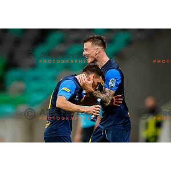 Franko Kovacevic and Mario Kvesic celebrate a goal during Prva liga Telemach 2025/2026 football match between Olimpija and Celje in SRC Stozice, Ljubljana, Slovenia on August 3, 2025