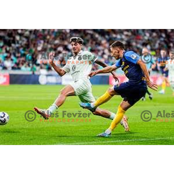 of Olimpija in action during Prva liga Telemach 2025/2026 football match between Olimpija and Celje in SRC Stozice, Ljubljana, Slovenia on August 3, 2025