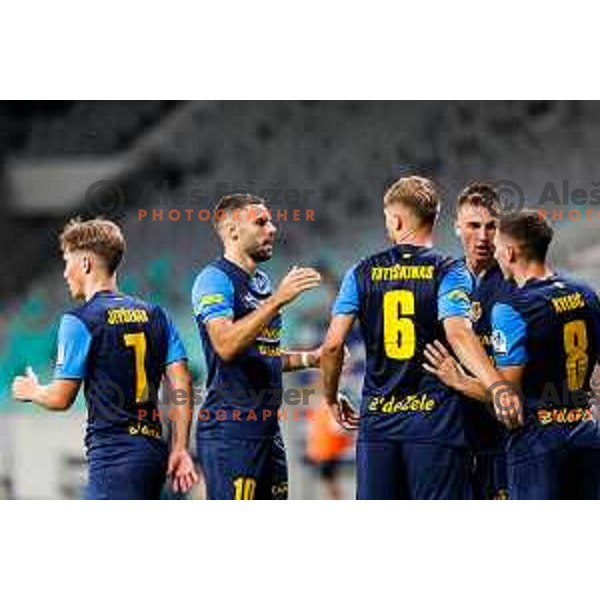 of Olimpija in action during Prva liga Telemach 2025/2026 football match between Olimpija and Celje in SRC Stozice, Ljubljana, Slovenia on August 3, 2025
