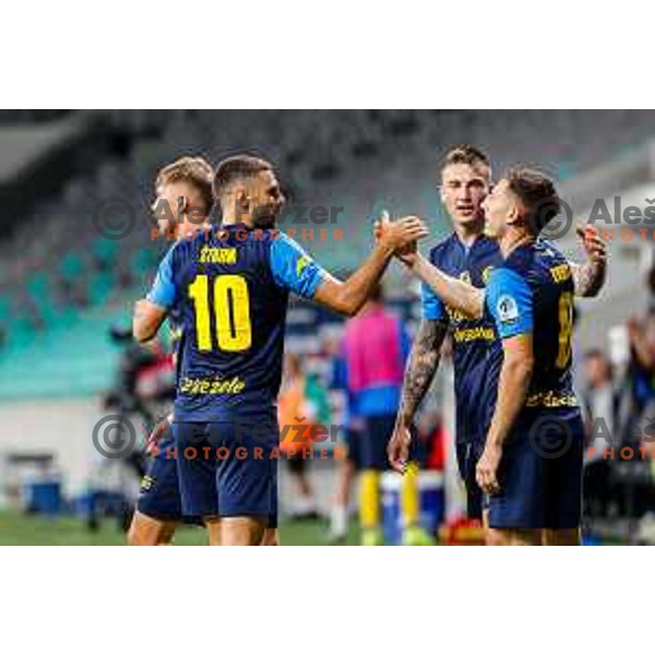 of Olimpija in action during Prva liga Telemach 2025/2026 football match between Olimpija and Celje in SRC Stozice, Ljubljana, Slovenia on August 3, 2025