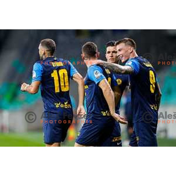 of Olimpija in action during Prva liga Telemach 2025/2026 football match between Olimpija and Celje in SRC Stozice, Ljubljana, Slovenia on August 3, 2025