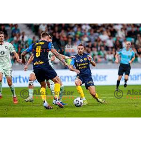 of Olimpija in action during Prva liga Telemach 2025/2026 football match between Olimpija and Celje in SRC Stozice, Ljubljana, Slovenia on August 3, 2025