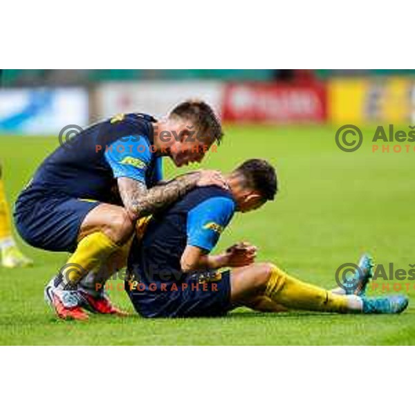 Franko Kovacevic and Mario Kvesic celebrate a goal during Prva liga Telemach 2025/2026 football match between Olimpija and Celje in SRC Stozice, Ljubljana, Slovenia on August 3, 2025
