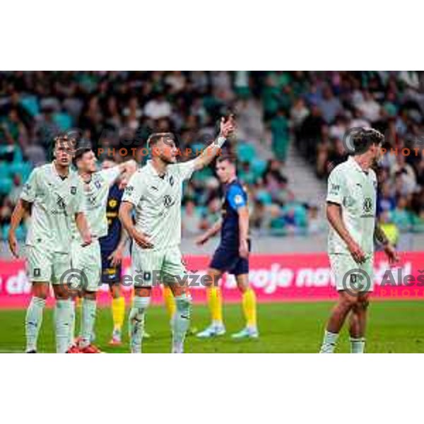 of Olimpija in action during Prva liga Telemach 2025/2026 football match between Olimpija and Celje in SRC Stozice, Ljubljana, Slovenia on August 3, 2025